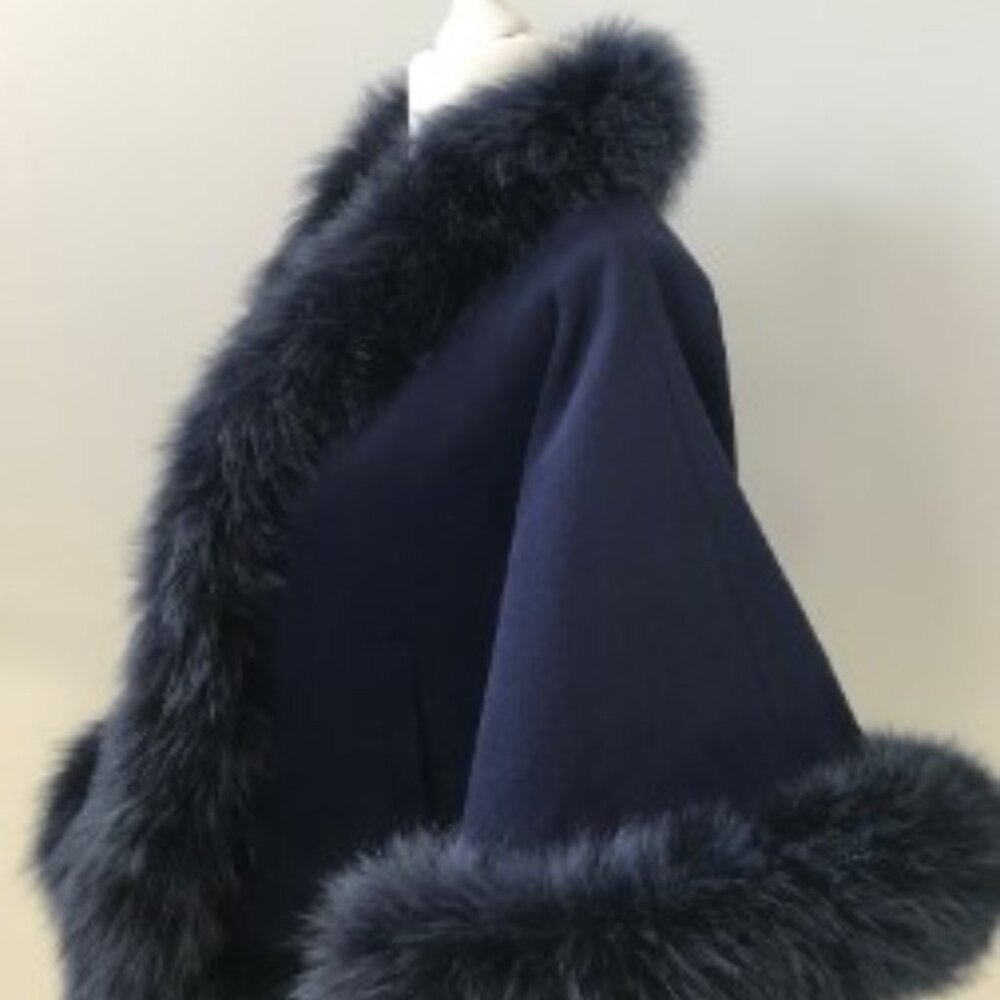 Navy Arctic Fox Fur Trim cashmere mid weight Cape